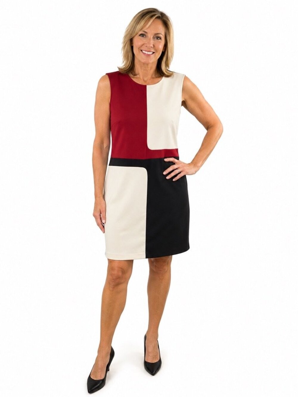 Maggy London Colorblock Dress Women’s Size 8 Red Ivory Black Sleeveless Shift Po